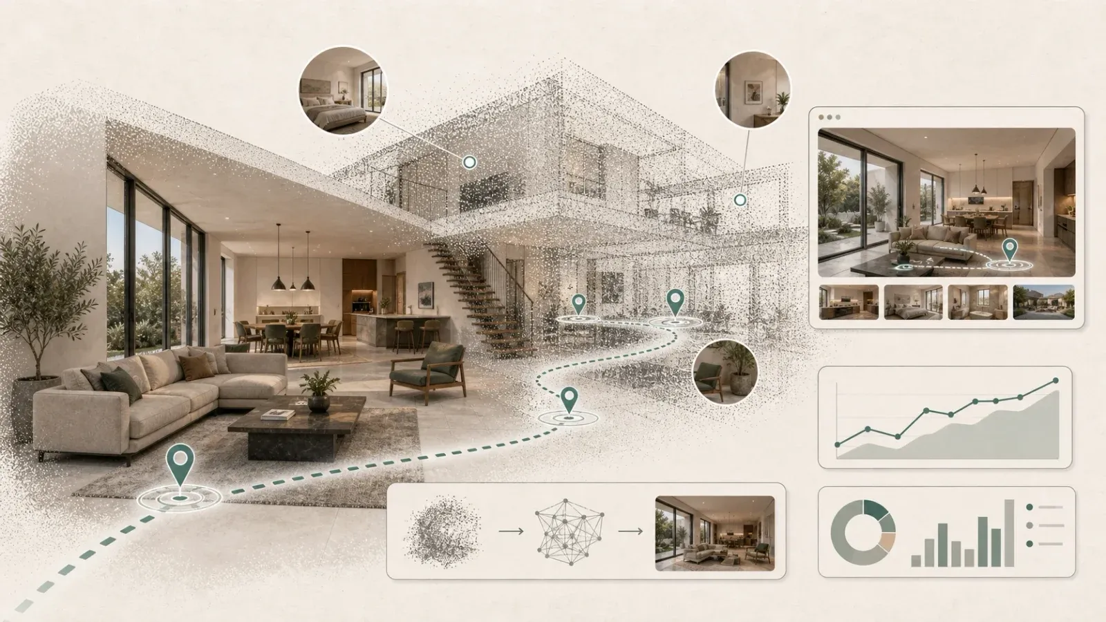 A Spatial Studio tour publishing layout with a property walkthrough, guided stops, analytics, and presentation panels